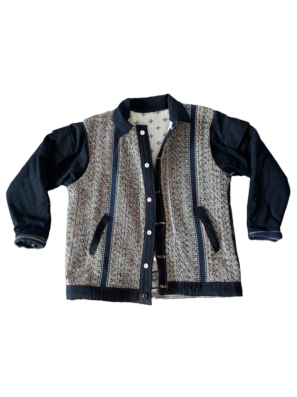 Vintage Handmade Tweed Jacket L Patchwork Woven Art to Wear Boho Chore Utility